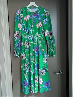 H&M Green Botanical Floral Long Sleeve Midi Dress size 4 Wedding Guest Tea Dress